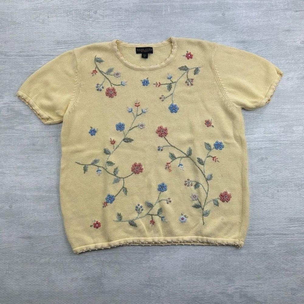 Vintage 90s Salon Studio by Haband Floral Sweater Yellow Short Sleeve